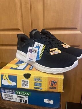 Skechers Women’s Black Knit Slip-On Sneakers with White Sole Size 11